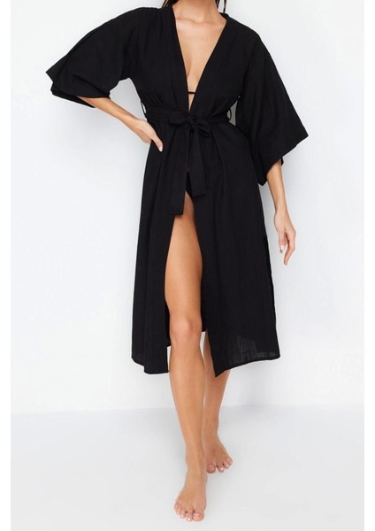 Moda Dokuma Regular Kalıp Midi V Yaka Ispanyol Kol Keten Görünümlü Basic Düz Desen Kimono Kaftan modelleri