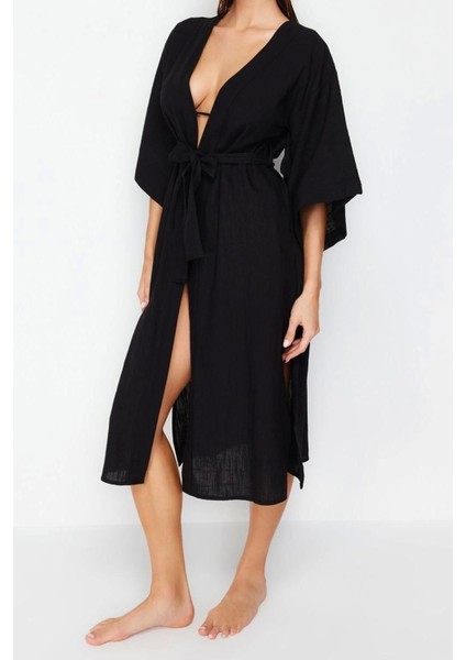 Moda Dokuma Regular Kalıp Midi V Yaka Ispanyol Kol Keten Görünümlü Basic Düz Desen Kimono Kaftan fırsatları