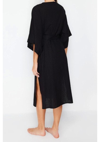 Moda Dokuma Regular Kalıp Midi V Yaka Ispanyol Kol Keten Görünümlü Basic Düz Desen Kimono Kaftan indirimleri