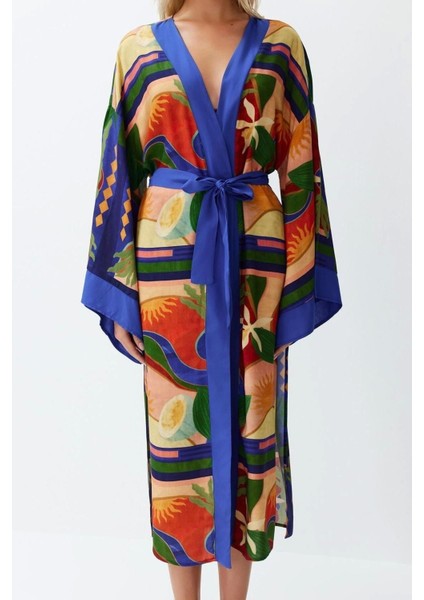 Moda Dokuma Regular Kalıp Uzun Kruvaze Standart Kol Shally Kruvaze Soyut Desen Kimono Kaftan