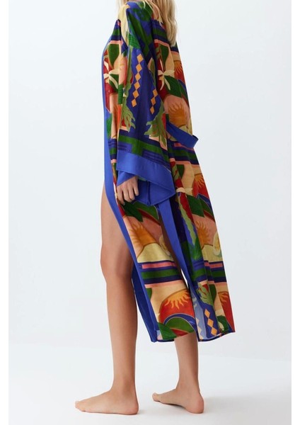 Moda Dokuma Regular Kalıp Uzun Kruvaze Standart Kol Shally Kruvaze Soyut Desen Kimono Kaftan modelleri