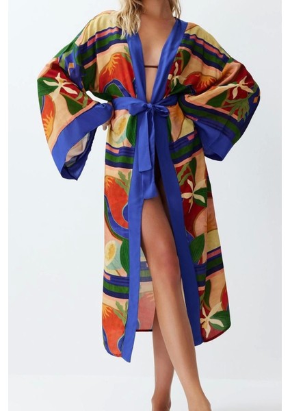 Moda Dokuma Regular Kalıp Uzun Kruvaze Standart Kol Shally Kruvaze Soyut Desen Kimono Kaftan fırsatları