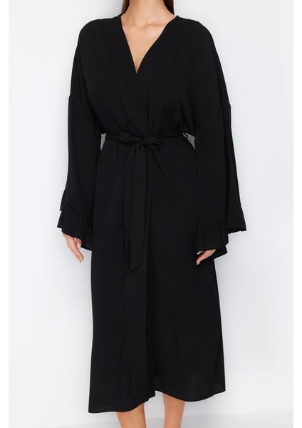 Moda Dokuma Regular Kalıp Uzun V Yaka Normal Kol Flamlı Pamuk Eteği Fırfırlı Düz Desen Kimono Kaftan