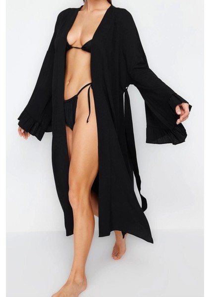 Moda Dokuma Regular Kalıp Uzun V Yaka Normal Kol Flamlı Pamuk Eteği Fırfırlı Düz Desen Kimono Kaftan fiyatları