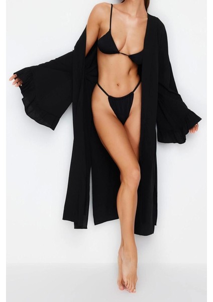 Moda Dokuma Regular Kalıp Uzun V Yaka Normal Kol Flamlı Pamuk Eteği Fırfırlı Düz Desen Kimono Kaftan modelleri