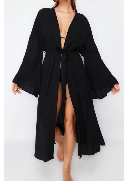 Moda Dokuma Regular Kalıp Uzun V Yaka Normal Kol Flamlı Pamuk Eteği Fırfırlı Düz Desen Kimono Kaftan fırsatları