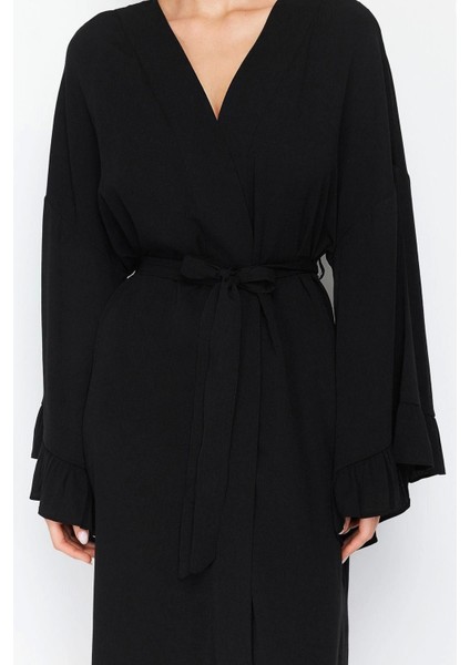 Moda Dokuma Regular Kalıp Uzun V Yaka Normal Kol Flamlı Pamuk Eteği Fırfırlı Düz Desen Kimono Kaftan indirimleri