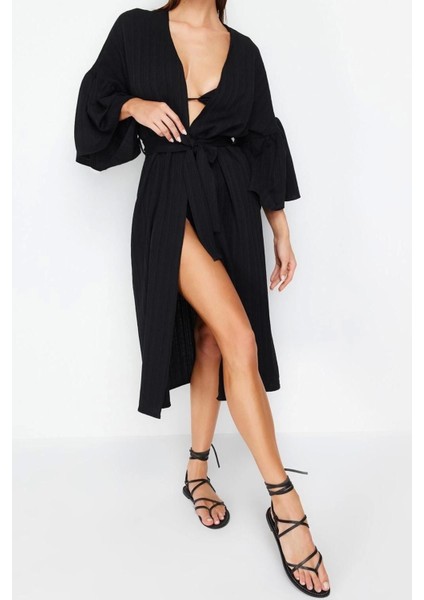 Moda Örme Regular Kalıp Uzun V Yaka Büzgülü/fırfırlı Kol Müslin Basic Düz Desen Kimono Kaftan modelleri