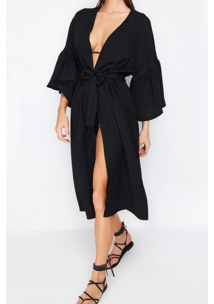 Moda Örme Regular Kalıp Uzun V Yaka Büzgülü/fırfırlı Kol Müslin Basic Düz Desen Kimono Kaftan fırsatları