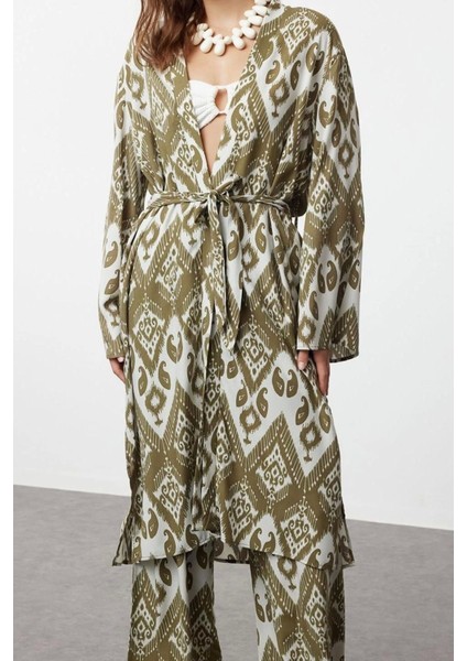 Moda Dokuma Rahat Kalıp Regular Kruvaze Standart Kol Mesh Basic Düz Desen Kimono Kaftan
