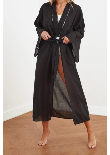 Moda Dokuma Regular Kalıp Uzun V Yaka Ispanyol Kol Flamlı Pamuk Basic Düz Desen Kimono Kaftan