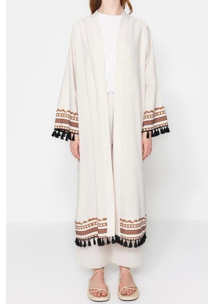 Moda Dokuma Rahat Kalıp Uzun Kruvaze Düşük Kol Keten Görünümlü Kruvaze Tesettür Giyim Kimono Kaftan