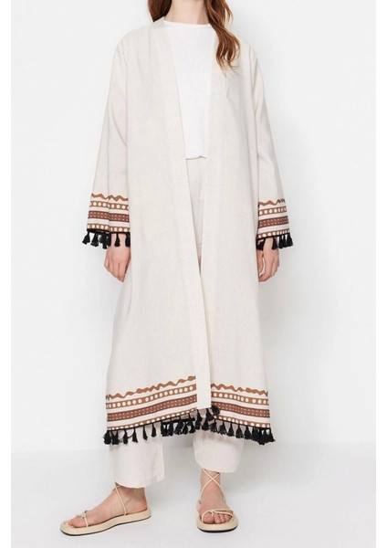 Moda Dokuma Rahat Kalıp Uzun Kruvaze Düşük Kol Keten Görünümlü Kruvaze Tesettür Giyim Kimono Kaftan fiyatları