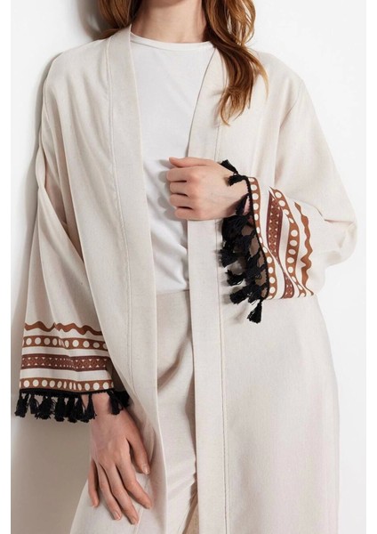 Moda Dokuma Rahat Kalıp Uzun Kruvaze Düşük Kol Keten Görünümlü Kruvaze Tesettür Giyim Kimono Kaftan modelleri