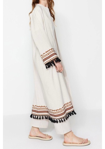 Moda Dokuma Rahat Kalıp Uzun Kruvaze Düşük Kol Keten Görünümlü Kruvaze Tesettür Giyim Kimono Kaftan fırsatları