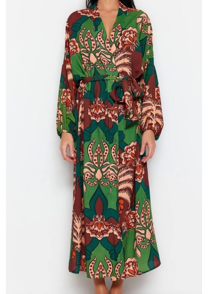 Moda Dokuma Regular Kalıp Uzun Şal Yaka Standart Kol Shally Basic Tropikal Desen Kimono Kaftan