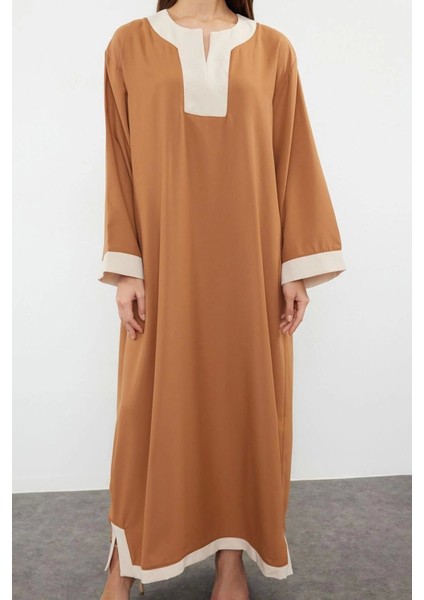 Moda Dokuma Rahat Kalıp Maxi V Yaka Düşük Kol Saten Basic Renk Bloklu Tesettür Giyim Kimono Kaftan