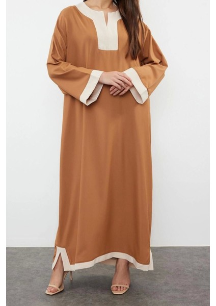 Moda Dokuma Rahat Kalıp Maxi V Yaka Düşük Kol Saten Basic Renk Bloklu Tesettür Giyim Kimono Kaftan