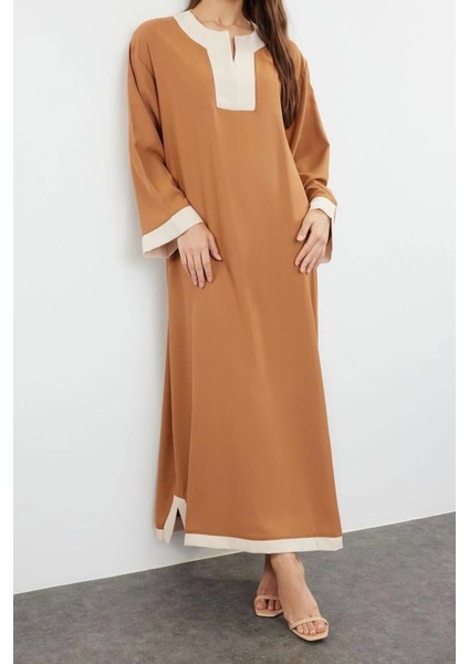 Moda Dokuma Rahat Kalıp Maxi V Yaka Düşük Kol Saten Basic Renk Bloklu Tesettür Giyim Kimono Kaftan