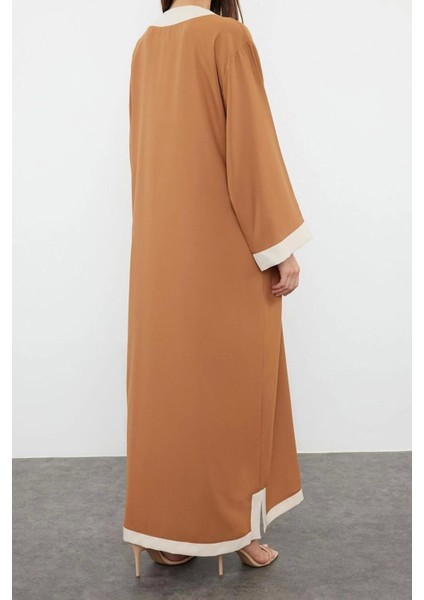 Moda Dokuma Rahat Kalıp Maxi V Yaka Düşük Kol Saten Basic Renk Bloklu Tesettür Giyim Kimono Kaftan