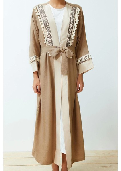 Moda Dokuma Rahat Kalıp Uzun V Yaka Düşük Kol Crinkle Basic Etnik Desen Tesettür Giyim Kimono Kaftan