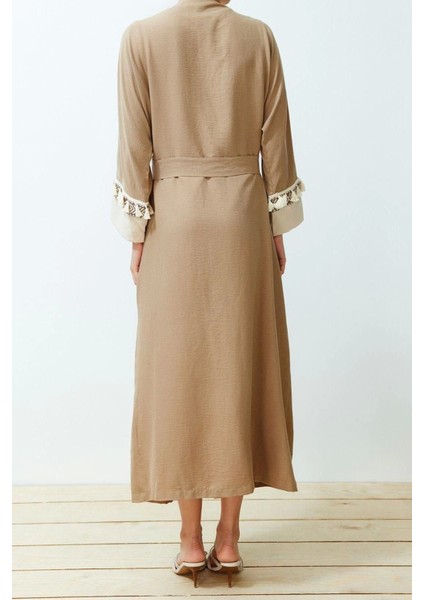 Moda Dokuma Rahat Kalıp Uzun V Yaka Düşük Kol Crinkle Basic Etnik Desen Tesettür Giyim Kimono Kaftan