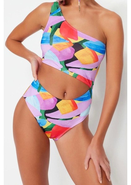Kadın Moda Kapsız Askılı Halter Yaka Soyut Desenli Tek Omuz Regular Mayokini indirimleri