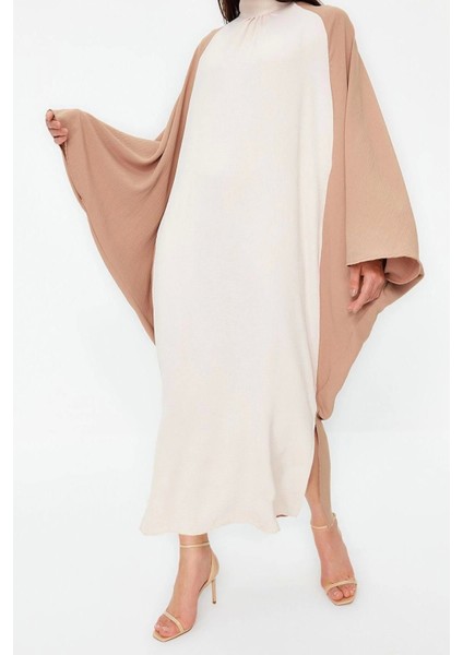 Moda Dokuma Rahat Kalıp Uzun Dik Yaka Reglan Kol Aerobin Basic Tesettür Giyim Kimono Kaftan