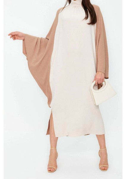 Moda Dokuma Rahat Kalıp Uzun Dik Yaka Reglan Kol Aerobin Basic Tesettür Giyim Kimono Kaftan modelleri