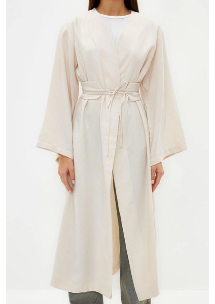 Moda Dokuma Rahat Kalıp Regular V Yaka Düşük Kol Keten Görünüm Kruvaze Tesettür Giyim Kimono Kaftan