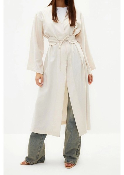 Moda Dokuma Rahat Kalıp Regular V Yaka Düşük Kol Keten Görünüm Kruvaze Tesettür Giyim Kimono Kaftan