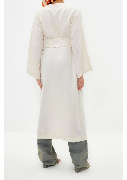 Moda Dokuma Rahat Kalıp Regular V Yaka Düşük Kol Keten Görünüm Kruvaze Tesettür Giyim Kimono Kaftan