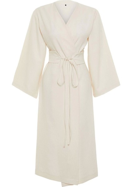Moda Dokuma Rahat Kalıp Regular V Yaka Düşük Kol Keten Görünüm Kruvaze Tesettür Giyim Kimono Kaftan