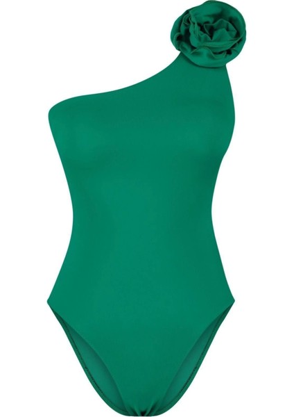 Kadın Moda Atma Kap Askılı Slip Yaka Zümrüt Yeşili Tek Omuz Çiçek Aplikeli Regular Mayo