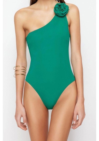 Kadın Moda Atma Kap Askılı Slip Yaka Zümrüt Yeşili Tek Omuz Çiçek Aplikeli Regular Mayo