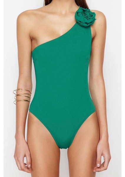 Kadın Moda Atma Kap Askılı Slip Yaka Zümrüt Yeşili Tek Omuz Çiçek Aplikeli Regular Mayo