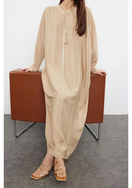 Moda Dokuma Rahat Kalıp Maxi V Yaka Düşük Kol Keten Görünümlü Basic Tesettür Giyim Kimono Kaftan