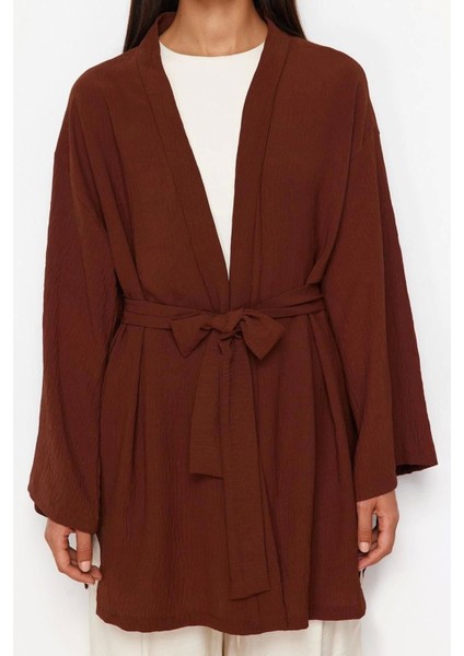 Moda Dokuma Rahat Kalıp Midi V Yaka Düşük Kol Keten Görünümlü Kruvaze Tesettür Giyim Kimono Kaftan