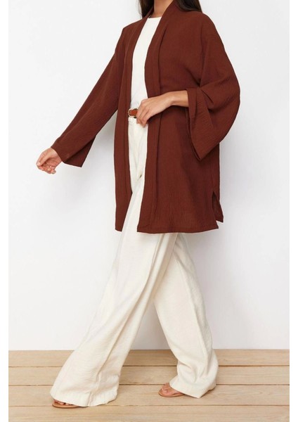 Moda Dokuma Rahat Kalıp Midi V Yaka Düşük Kol Keten Görünümlü Kruvaze Tesettür Giyim Kimono Kaftan