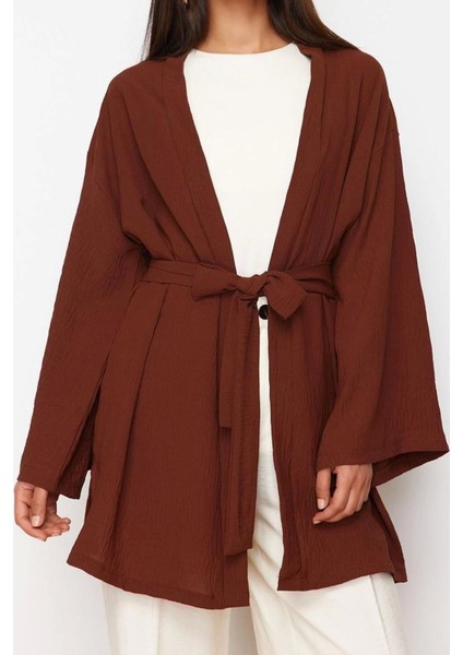 Moda Dokuma Rahat Kalıp Midi V Yaka Düşük Kol Keten Görünümlü Kruvaze Tesettür Giyim Kimono Kaftan