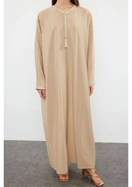 Moda Dokuma Rahat Kalıp Maxi V Yaka Düşük Kol Keten Görünümlü Basic Tesettür Giyim Kimono Kaftan