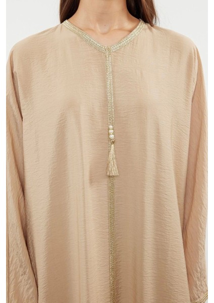Moda Dokuma Rahat Kalıp Maxi V Yaka Düşük Kol Keten Görünümlü Basic Tesettür Giyim Kimono Kaftan