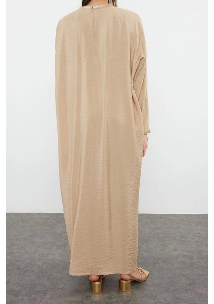 Moda Dokuma Rahat Kalıp Maxi V Yaka Düşük Kol Keten Görünümlü Basic Tesettür Giyim Kimono Kaftan