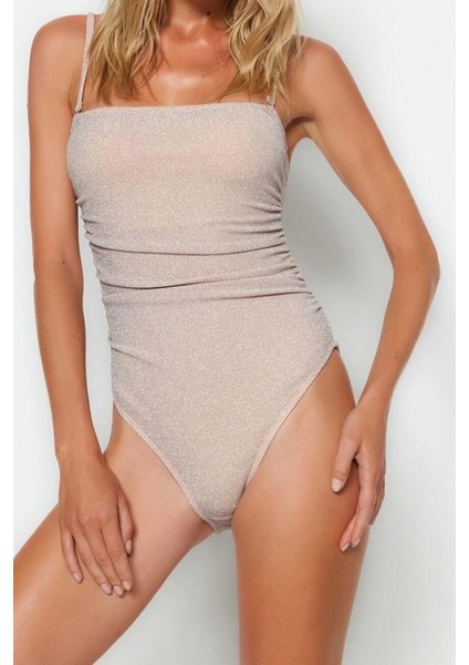 Kadın Moda Atma Kap Kolsuz Slip Yaka Pembe Straplez Drapeli Simli High Leg Regular Mayo modelleri