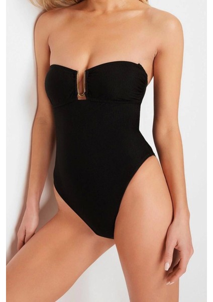 Kadın Moda Atma Kap Askılı Brief Yaka Siyah Straplez Aksesuarlı High Leg Regular Mayo