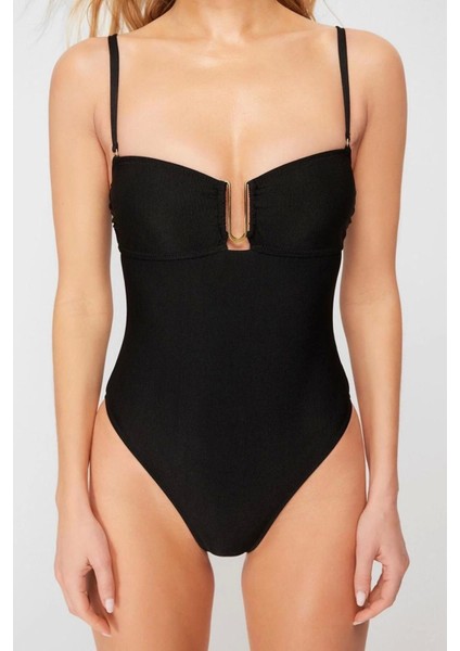 Kadın Moda Atma Kap Askılı Brief Yaka Siyah Straplez Aksesuarlı High Leg Regular Mayo