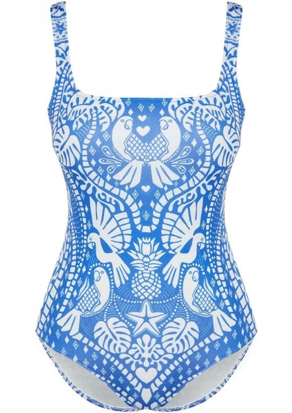 Kadın Moda Atma Kap Askılı Brief Yaka Tropikal Desenli Regular Mayo