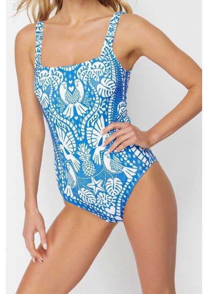 Kadın Moda Atma Kap Askılı Brief Yaka Tropikal Desenli Regular Mayo modelleri