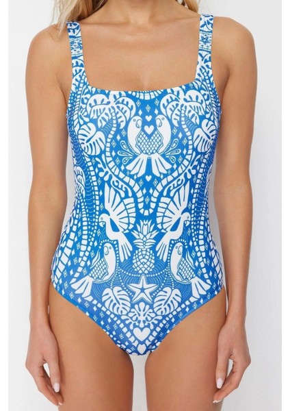 Kadın Moda Atma Kap Askılı Brief Yaka Tropikal Desenli Regular Mayo indirimleri