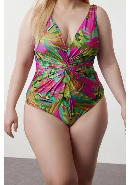 Büyük Beden Atma Kap Desenli Kolsuz Derin V Yaka Tropikal Desenli Düğümlü Mayo fiyatları